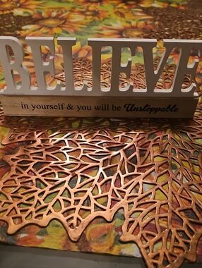 Wood Wood White and Natural Brown BELIEVE Table Decor Sign